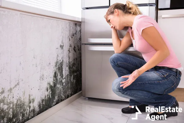 closeup shocked woman looking mold