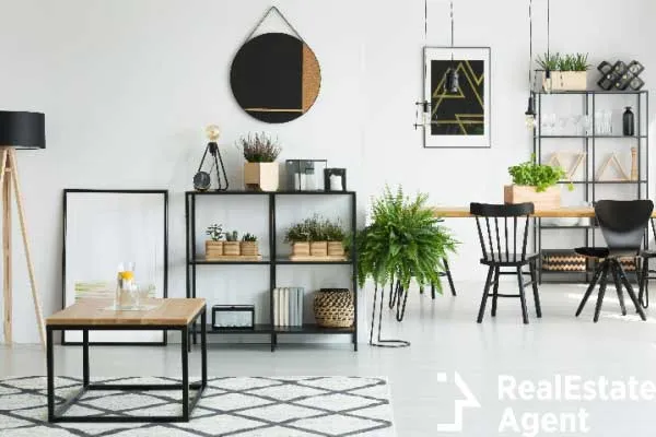 round mirror above shelf plants