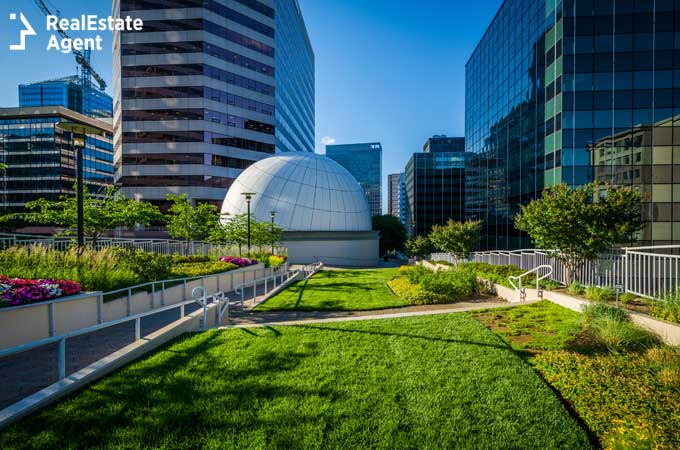 Freedom Park and modern buildings in Rosslyn Arlington Virginia