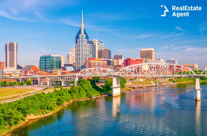 Nashville Tennessee downtown city skyline on the Cumberland River